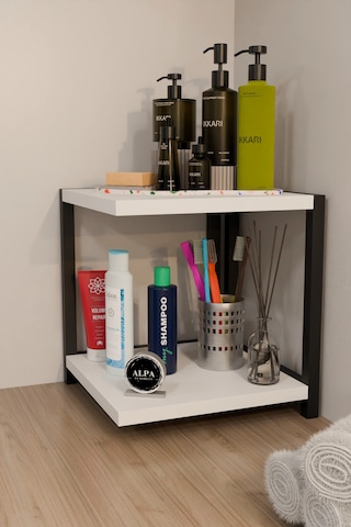 İki Raflı Banyo Köşe Kare Düzenleyici Organizer Raf Metal Gövdeli Çok Amaçlı Banyo Standı Beyaz