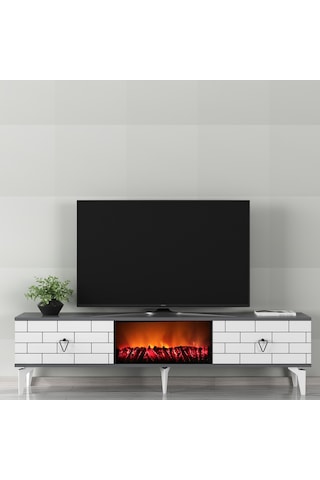 Volcanos Şömineli Tv Sehpası Tv Ünitesi Antrasit Beyaz