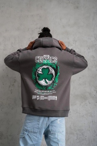 Mbb E-ticaret Erkek 3 İplik Pamuklu Kapüşonlu Baskılı Cepli Oversize Sweatshirt Hoodie - Gri