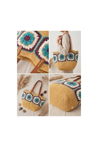 Myzumax El Örgüsü Motifli Kağıt İp Kadın Omuz Çantası Deri Askılı, Boho / Bohemian Tasarım Plaj Ve Günlük Çanta Bej