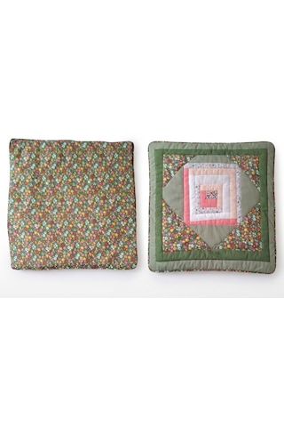 Poplin Pamuklu Kırkyama Patchwork Dekoratif Kırlent Kılıfı 45x45 Cm Yeşil
