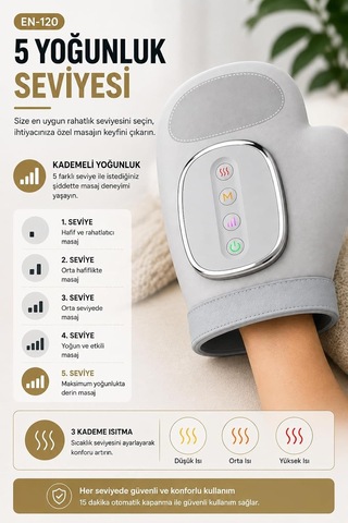 Elektrikli El Masaj Aleti Isıtmalı, 3 Masaj Modu 5 Yoğunluk Seviyesi, 3 Kademe Isıtma, 2000 Mah Şarjlı, Parmak Avu