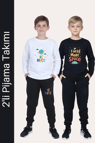 Fyk Kids Erkek Çocuk 2'li Yuvarlak Yaka Uzay-astronot Baskı Detaylı Alt-üst Pijama Takımı Çok Renkli