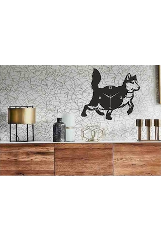 Husky Temalı Dekoratif Ahşap Duvar Saati Ahşap