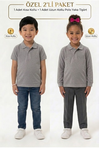 Nacar Store Unisex Çocuk Uzun Ve Kısa Kollu Polo Yaka Okul Tişörtü 2'li Set Gri