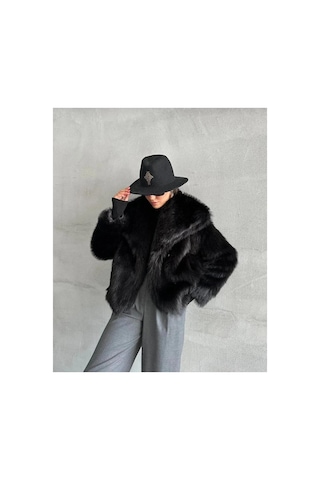 Tille Şal Yakayumuşak Dokunuşlu Oversize Peluş Mont Siyah Siyah
