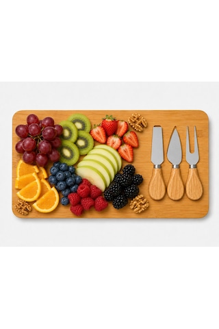 Bambu Peynir Sunum Tahtası Seti,3lü Aparatlı, 4 Parça,ahşap Servis,şarküteri, Kahvaltı Sunum Tabağı,38x17 Cm Açık Kahverengi