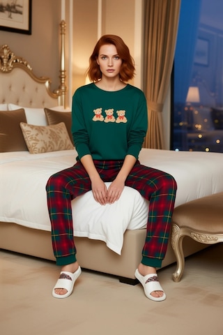 Frm Erkek Çocuk Ayıcık Detaylı Ekose Pijama Takımı Fonksiyonel Dayanı Yeşil