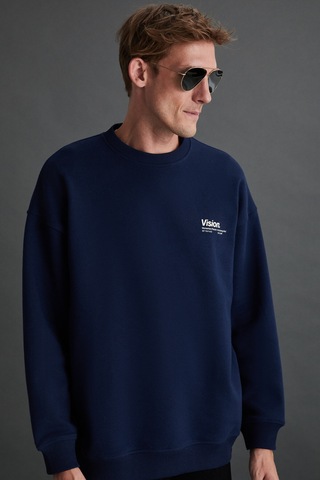 Grimelange Ernest Erkek Yumuşacık Içi Polarlı Baskı Detaylı Organik Pamuk Oversize Lacivert Sweatshirt