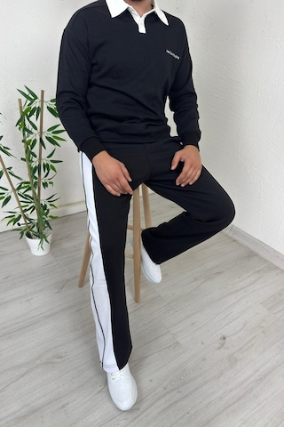 Explode - Erkek Siyah Polo Yaka Baggy Çizgili Günlük Takım Siyah