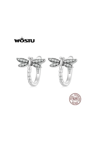 Wostu 925 Ayar Gümüş Parlak Şeffaf Zirkon Damla Küpe Dragonfly Hoop Küpe Hayvan Kulak Tokaları Kadınlar İçin Düğün Takısı