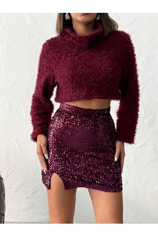 Topshow Payetli Yırtmaçlı Mini Etek Yılbalşı Mürdüm
