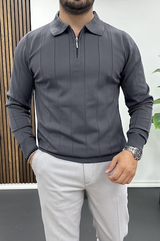 Erkek Yarım Fermuarlı Polo Yaka Mevsimlik Kazak Füme Edw195 Füme