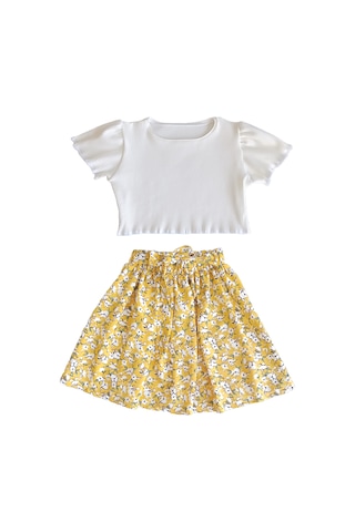 Çocuk Etekli Crop Takım, Çiçekli Sarı Etek - Ekru Crop Ekru -sarı Ekru - Sarı