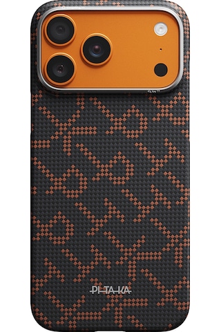 Apple iPhone 17 Pro Kılıf M-safe Uyumlu Aramid Fiber Pitaka Tactile Woven Monogram Serisi Turuncu-siyah Turuncu - Siyah