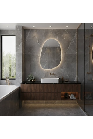 70x101 Cm Asimetrik Oval Led Banyo Aynası Dokunmatik Dim Edilebilir, 3000k Günışığı Sarı