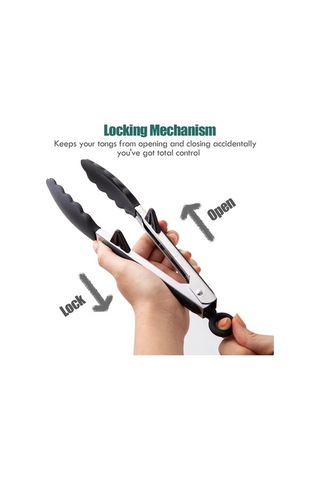 Novahub Paslanmaz Çelik 3'lü Mutfak Maşası Seti - 23cm Bbq, Makarna Ve Salata İçin Siyah, Kenar Silikonlu Siyah