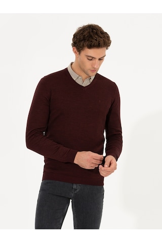 Cacharel Bordo Slim Fit V Yaka Basic Triko Kazak Kırmızı