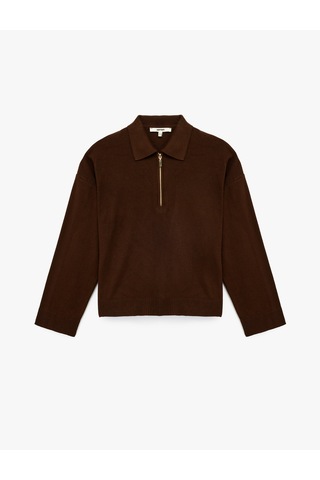 Koton Fermuarlı Polo Yaka Uzun Kollu Oversize Kazak Kahverengi 6wak90260ht Kahve