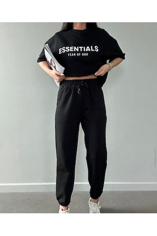 Essentials T-shirt Eşofman Altı Jogger- Siyah Baskı Alt Üst Eşofman Takımı Oversize Bisiklet Yaka Siyah