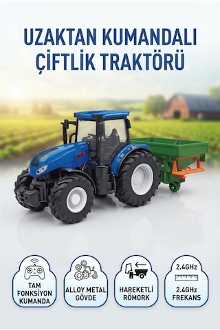 Uzaktan Kumandalı Gerçek Görünüşlü 1:24 Ölçekli 6 Fonksiyonlu Çiftlik Aleti Römorklu Oyuncak Traktör
