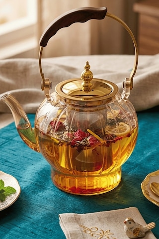 1000 Ml. Isıya Dayanıklı Borosilikat Amber Cam Demlik Ahşap Saplı Süzgeçli Cam Demlik Amber
