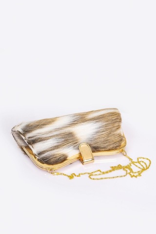 Keyifli Moda Kadın Kahverengi Desenli Suni Kürk Zincirli El Ve Omuz Clutch Portföy Çanta - Kahverengi