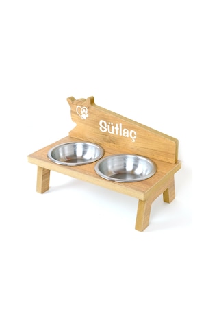 Realwood Ahşap Özel İsim Baskılı Çelik Kaseli Kedi Köpek Mama Su Kabı 450 ML