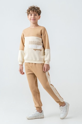 Erkek Çocuk Brooklyn Skat Clup Baskılı 3 İplik Kalın Kışlık Eşofman Takımı Ak4228 Bej