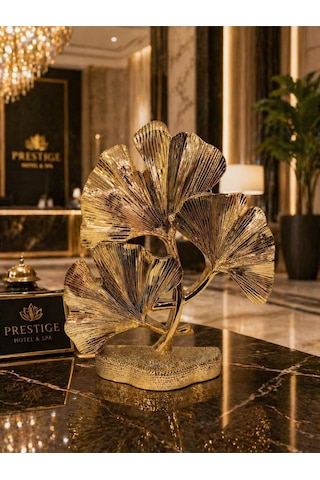 Duygu Ve Yaşam Tarzı Odaklı Gold Ginkgo Yaprağı Lüks Dekoratif Metal Biblo Heykel Obje 29 Cm X 23 Cm Çok Renkli