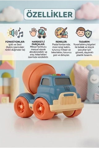 Işıklı Ve Sesli Eğitici Beton Mikseri Çocuklar İçin Güvenli Gelişim Destekleyici İlk Beton Mikserim Lacivert - Turuncu