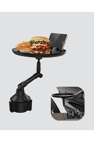Araç Bardaklık Tepsisi 360 Döner Geniş Yemek Alanlı Telefon Standlı 0