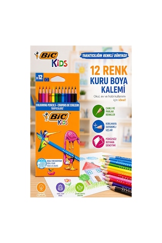 12 Li Kuru Boya Kalemi Karton Kutu 1 Paket Bic Tropicolors 12 Renk Kuruboya Tam Boy Canlı Renkli Boya Kalem Okul Öğrenci Çok Renkli