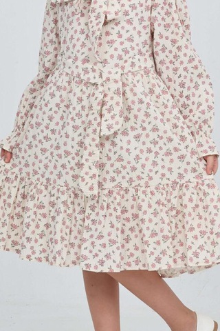 Kız Çocuk Fiyonk Yakalı Bel Kuşaklı Çiçek Desenli Kloş Etekli Elbise 12301 Gülkurusu