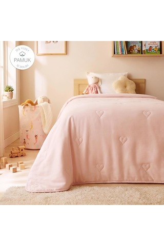 %100 Pamuk Penye Pembe Kalp Nakışlı Çocuk Tek Kişilik Çok Amaçlı Örtü 155 X 215 Cm Diğer