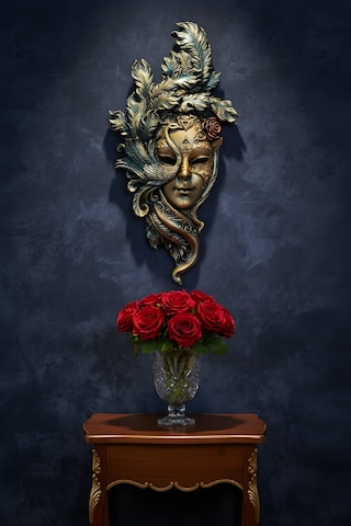 Tavus Kuşu Maskeli Kadın Duvar Mask Kahve Bronz Dekoratif Duvar Maskesi El Yapımı Maske Sanat Eseri