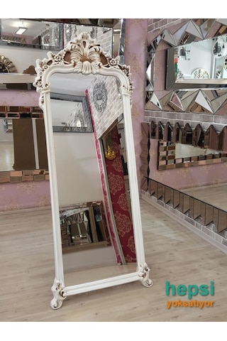 Vintage Madam Model Eskitme Beyaz Renk Varaklı Ayaklı Boy Aynası Beyaz