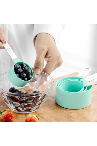 Neevoyu Kahve, Şeker, Yağ Ölçümü İçin 8 Parça Plastik+paslanmaz Çelik Kupa Ve Kaşık Seti - Mutfak Fırıncı Gereci Siyah