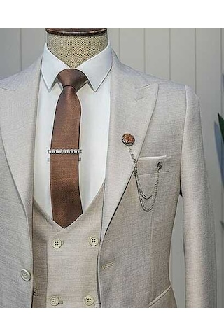 Bys Beystil Sivri Yaka Krem Yelekli Kırçıllı Takım Elbise Storm- Slim Fit