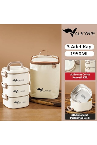 Valkyrie 1950 Ml 3 Katlı Paslanmaz Çelik Yemek Kabı Termal Çantalı, Akıtmaz, Bpa Sız Tek Kap 3 Öğün Krem