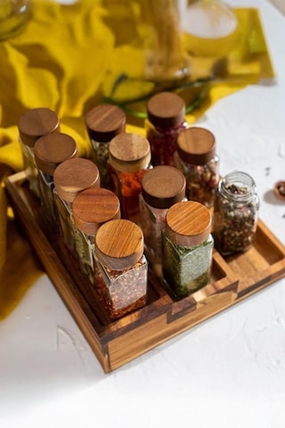 Akasya Kapaklı 12 Adet Cam Baharatlık Seti 120 Ml Ahşap