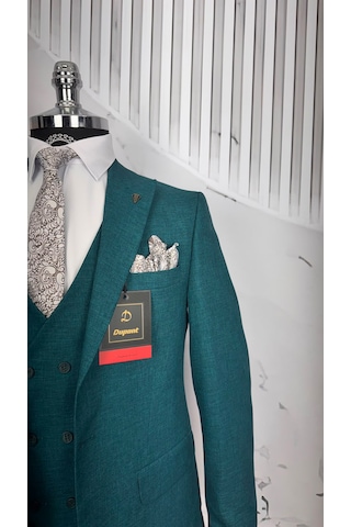 Dupont Classics Dupont Erkek Slim Fit Yelekli Takım Elbise 6 Drop Çift Yırtmaç Koyu Yeşil