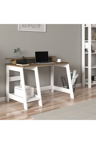 Country Ergonomik Çalışma Masası, Modern Bilgisayar Masası - Beyaz/Antik Ceviz