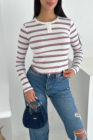 Noa & Noa Kadın Çizgili Düğme Detaylı Bluz Retro Stripe Beyaz