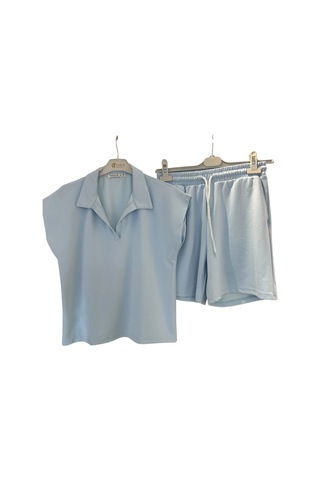 9007 Polo Yaka Tişört Şort Takım Buz Mavisi