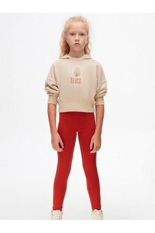 Kız Çocuk Pamuklu Orta Kalınlık Kapüşonlu Crop Sweatshirt-14707 Vizon