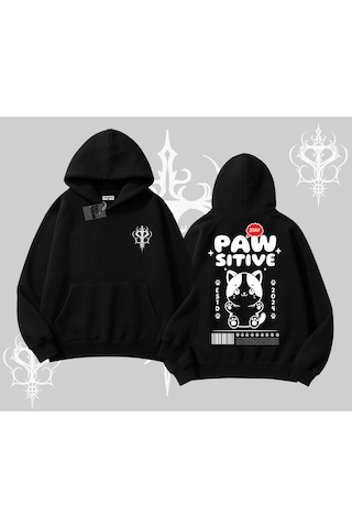Paw Sitive Kedi Arka Baskılı Kapşonlu Sweatshirt