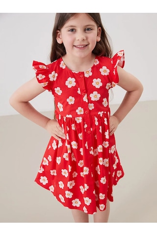 Lcw Kids Bisiklet Yaka Kız Çocuk Poplin Elbise Kırmızı Baskılı