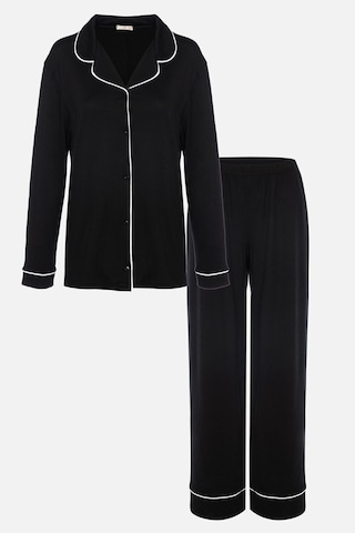 Kadın Viskon - Yumuşak Dokulu Düğmeli Biyeli Bol Paça Pijama Takımı Ko6102pj Siyah