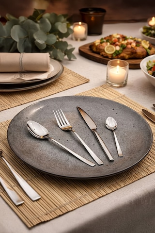Gökdil Asya Silver 24 Parça 6 Kişilik Sade Çatal & Kaşık & Bıçak Yemek Takımı Ekru